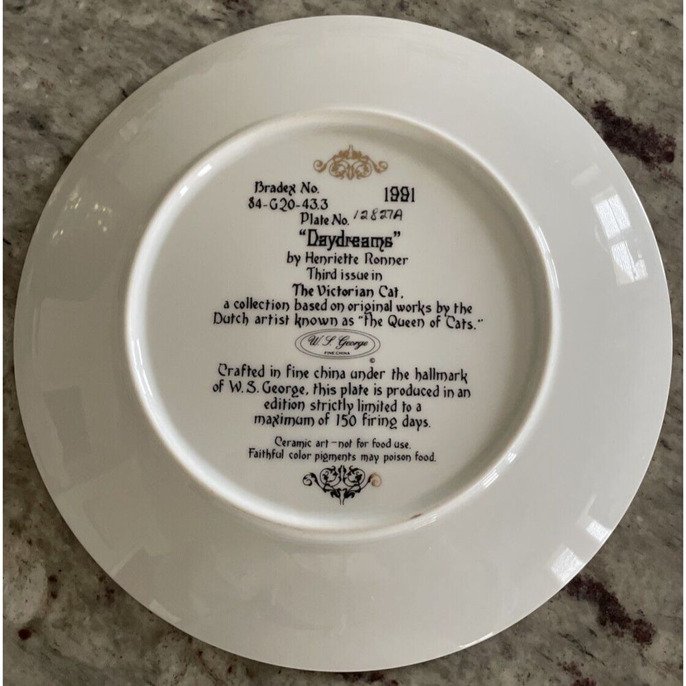 W.S. George Plate No. 12827A "Daydreams" Collector Plate Victorian Cat - Picture 2 of 7